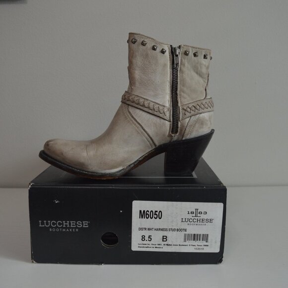 Lucchese Harness Ani Studded Distressed White Western Booties - Picture 2 of 15